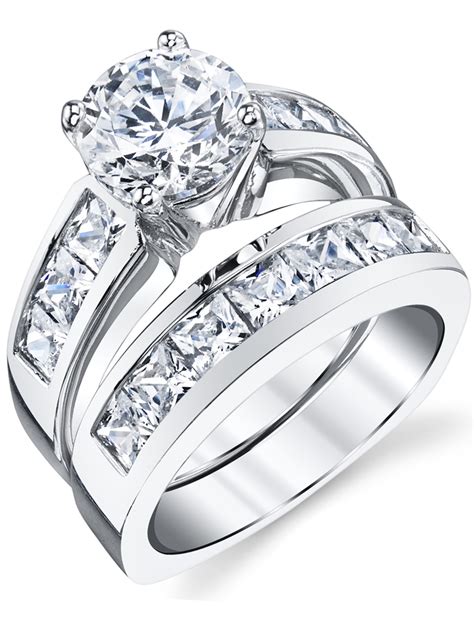 Women S Sterling Silver Bridal Set 2ct Engagement Wedding Ring Round Princess Cut Cubic