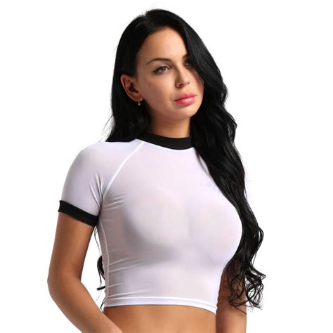 Sexy Women Sheer Mesh See Through T Shirt Short Sleeve Crop Tops Blouse