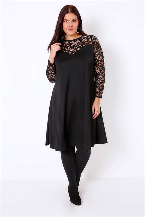 Black Lace And Crepe Mix Swing Dress With Sweetheart Neckline Plus Size 16 To 32