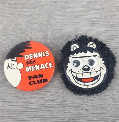 Vintage Dennis The Menace And Gnasher Fan Club Metal Fuzzy Pin Badges