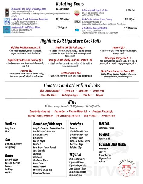 HIGHLINE RxR menu in Arlington, Virginia, USA