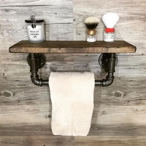 Our wildlife rustic towel bars & log cabin tissue holders, robe hooks and towel rings with bear moose fish pine cone designs will add that special cabin touch to your rustic decorating theme. Industrial/Rustic Towel Bar with Shelf | Rustic towel bar ...
