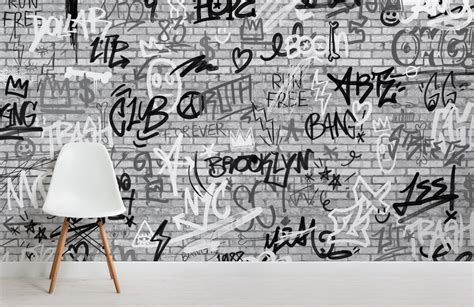 Monochrome Nyc Graffiti Brick Wall Wallpaper Mural Hovia Au