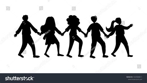 Silhouette Group Walking People Holding Hands Stock Vector Royalty