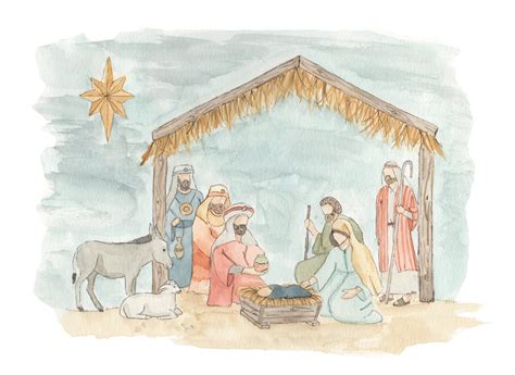 Watercolor Christian Portrait Nativity Scene Etsy