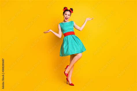Full Length Body Size View Of Nice Pretty Glad Cheerful Girl Wearing Teal Dress Dancing Having