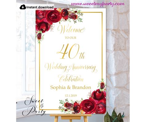 Red Roses Anniversary Welcome Sign40th Anniversary Sign40th
