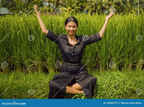 Outdoors Yoga And Meditation At Rice Field Attractive And Happy Middle Aged Asian Chinese