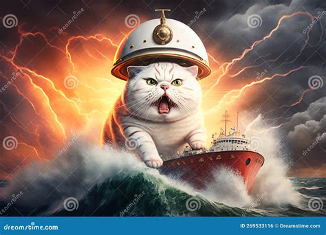 A Funny Fat Cat Wearing A Sea Captain S Hat Is Running Away From A