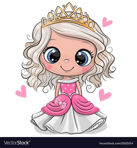 Cute Cartoon Little Princess In A Pink Dress With Hearts Isolated On A