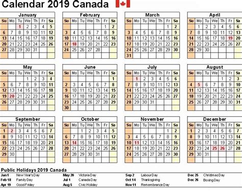 2019 Canada Calendar With Holidays Holiday Calendar Printable