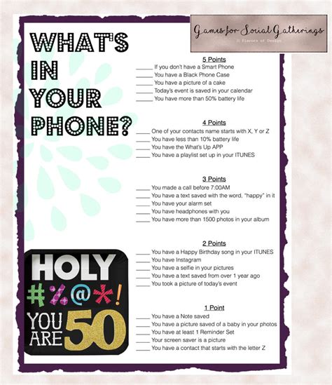 By karen (biglerville, pa.) i had a 50th birthday party for my husband. 50th Birthday Party Game Whats in your phone-Birthday Party | Etsy