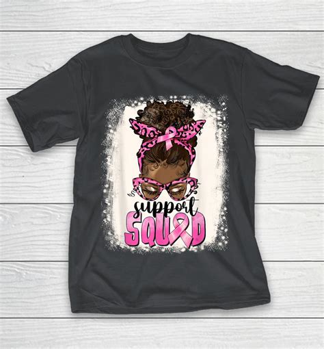 Cute Afro Messy Bun Breast Cancer Support Squad Pink Ribbon Shirts Woopytee
