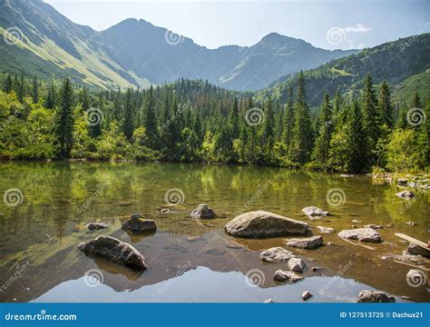 A Beautiful Clean Lake In The Mountain Valley In Calm Sunny Day