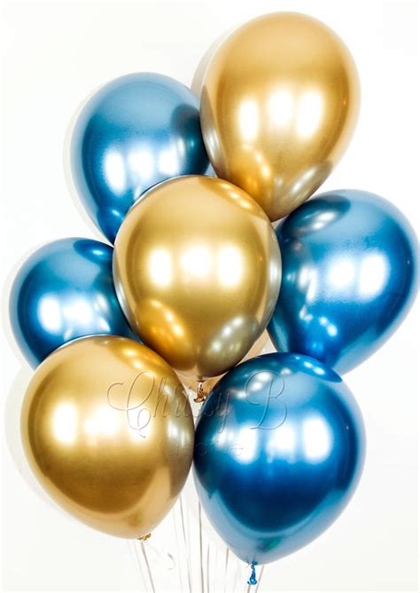 Blue And Gold Balloons Blue And Gold Chrome Balloon Bouquet Etsy