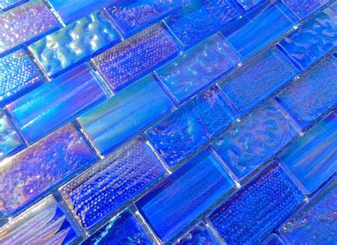 Blue Iridescent Glass Rectangle Textured 1 X 2 Bars Set Of 5