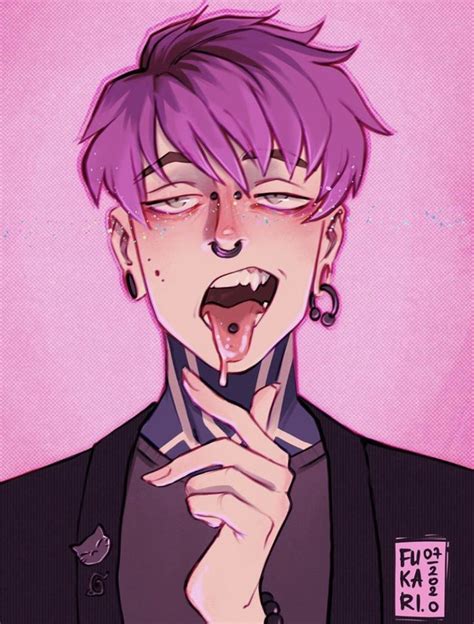 Anime Male Guy Boy Pink Purple Emo Edgy Goth Punk Piercings Hot Topic Bad Boy Tongue Goth