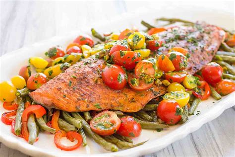 Baked salmon with roasted veges. Single Pan Roasted Salmon & Vegetables | Vibe Ride