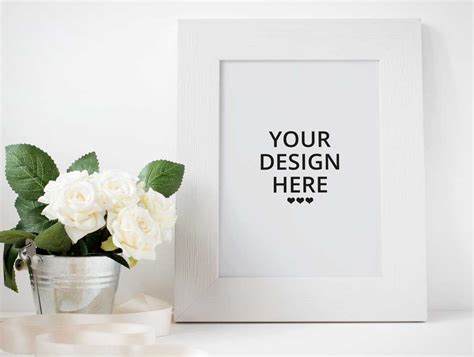 Picture Frame And White Rose Flowers Psd Mockup Psd Mockups