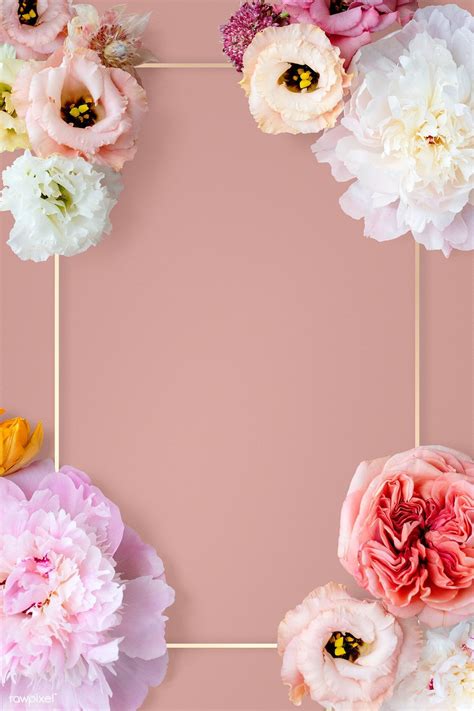 Various Flowers With Gold Frame On Pink Background Mockup Premium