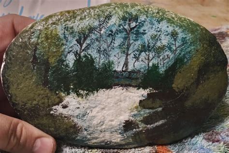 My Second Bob Ross Painting With Acrylic On Rock Came Out Better Than