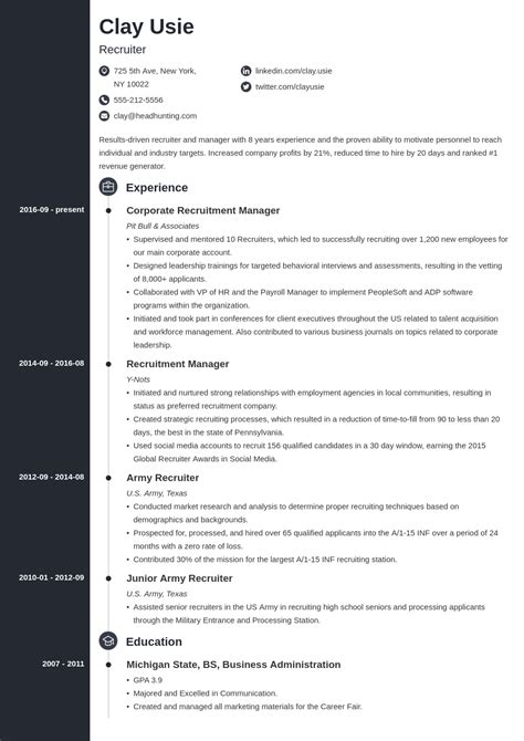 An hr recruiter by choice who is not just adept in sourcing, interviewing & negotiating but also leaves no stone unturned in reading between the lines to learn about the degree of seriousness embedded in the candidate for. recruiter resume example template concept in 2020 ...