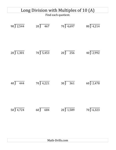 Long division (4 by 1 digits) math worksheets: Long Division by Multiples of 10 with Remainders (A)