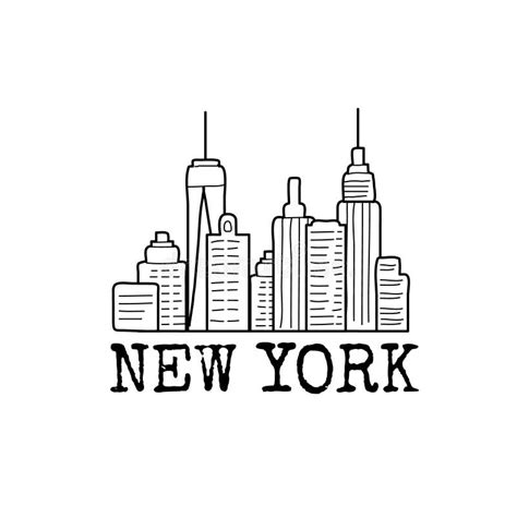 New York Skyline Cityscape Line Drawing Vector Sketch Illustration