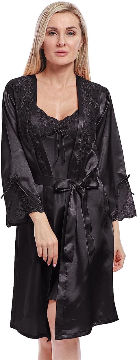 Bellismira Womens Floral Satin Slip Silk Sleepwear Lace Chemise V Neck Nightgownsblackm