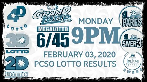 6/55 grand lotto draw schedule is held on every monday, wednesday and saturday. Lotto Result February 3 2020 (Monday), 6/45, 6/55, 4D, 3D ...