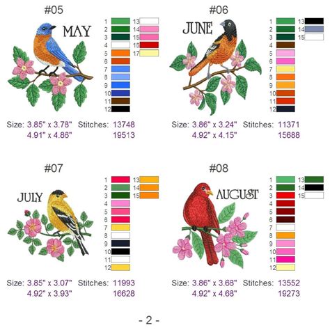 Monthly Birds Machine Embroidery Designs Instant Download 4x4 Etsy