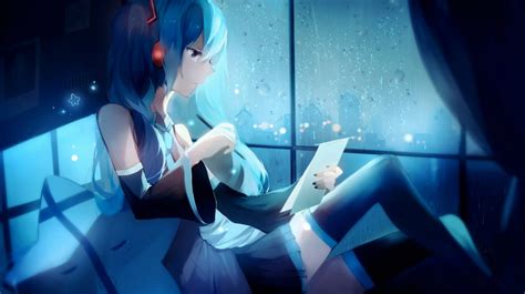 Hatsune Miku Long Hair Headphone Rain Animated Live Desktop Wallpapers
