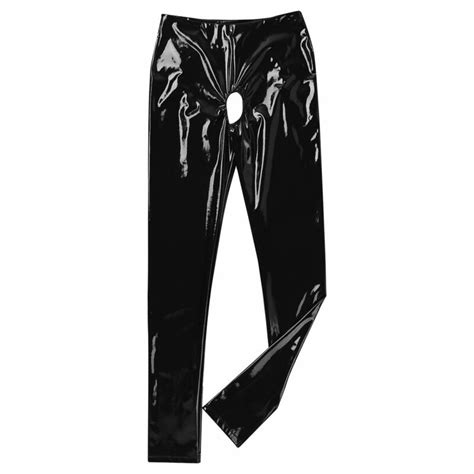 Women Shiny Leather Crotchless Backless Long Pants Leggings Trousers