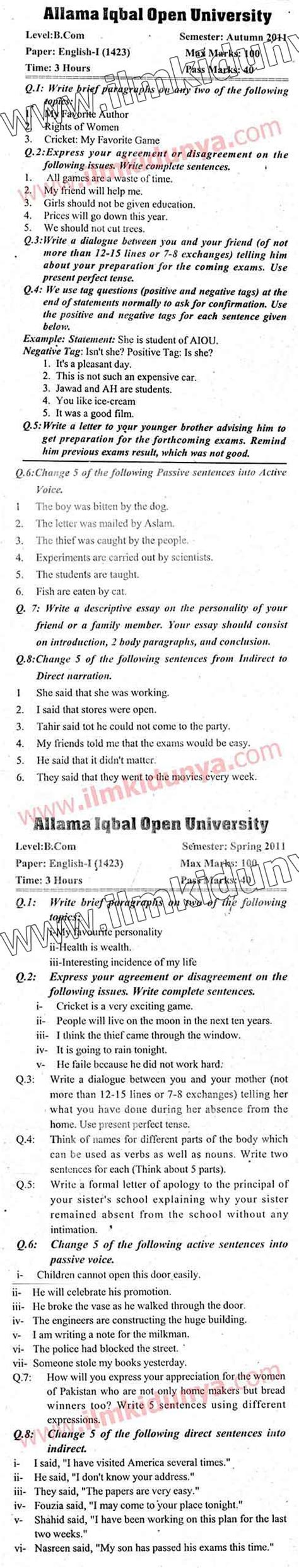 Past Papers 2011 Allama Iqbal Open University Bcom English 1423
