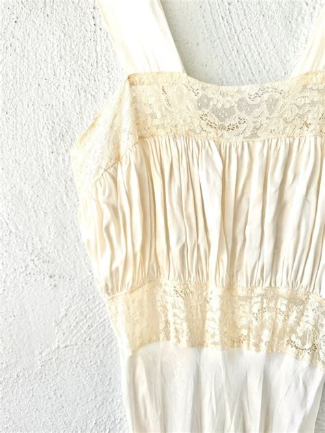 Vintage 1940s Slip Dress Satin Lace Bias Cut Slip Whi Gem