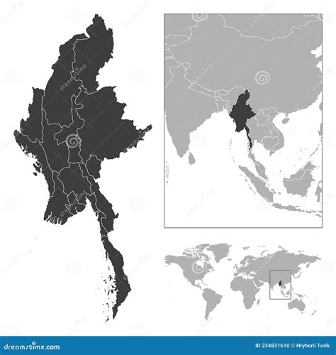 Myanmar Detailed Country Outline And Location On World Map Stock