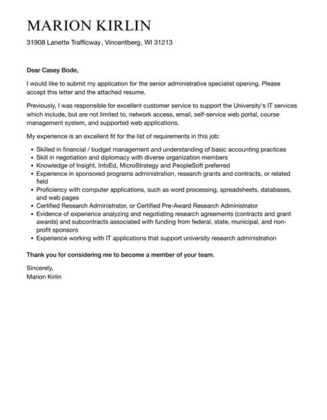 Senior Administrative Specialist Cover Letter Velvet Jobs
