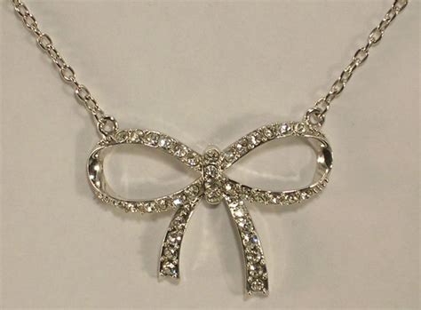 Rhinestone Bow Necklace Of Silver Tone Metal Blue Rhinestone Necklace