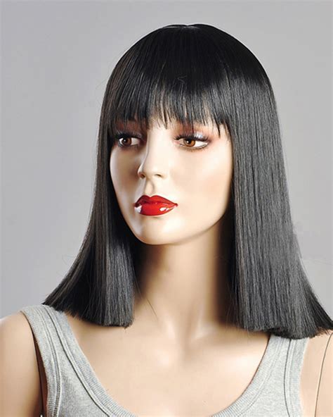 It works on basically any face shape but looks best on those with more angular bone #7: Charming Black Medium Long Straight Wigs Synthetic Hair ...