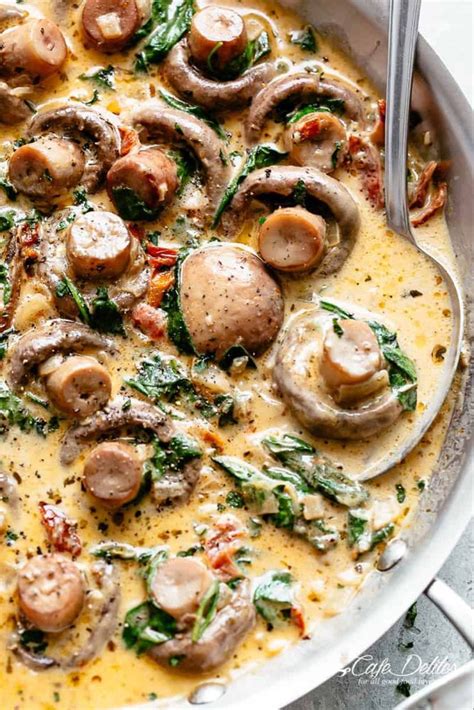 Creamy Garlic Butter Tuscan Mushrooms in a rich sauce filled with garlic, sun dried tomatoes ...