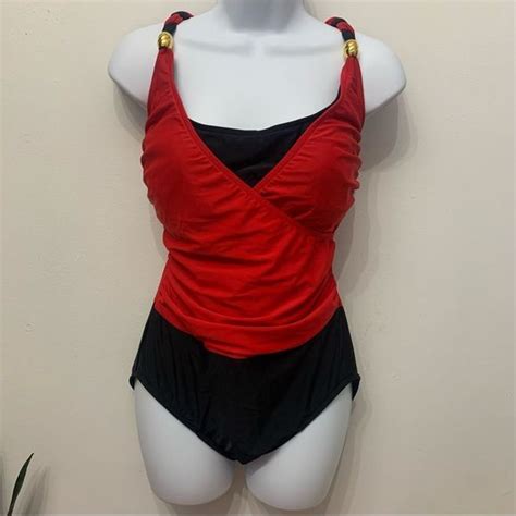 Vintage Swim Carol Wior One Piece Swim Suit Womens 4 Ruched Red And