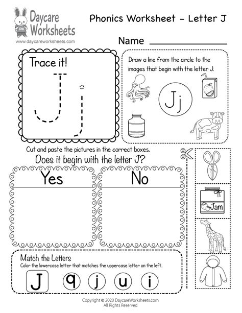 Free Printable Letter J Beginning Sounds Phonics Worksheet For Preschool