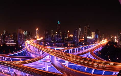 Shanghai Skyline And Highways Lit Up At Night Hd Wallpaper Download