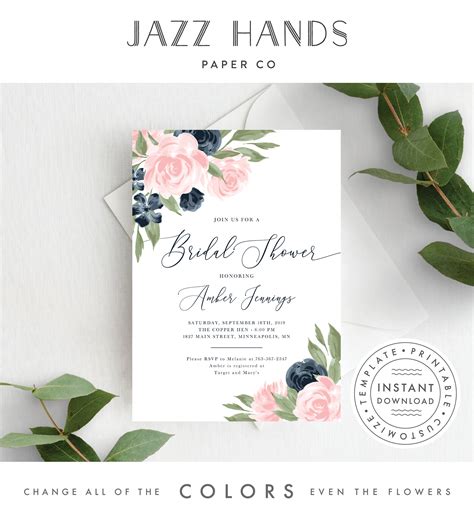 Invitations Navy And Blush Bridal Invite Printable Wedding Shower Paper