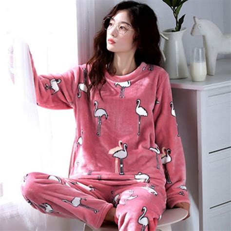 Womens Pajamas Autumn And Winter Pajamas Set Women Long Sleeve Sleepwear Flannel Warm Lovely