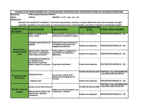 Planilla De Indicadores De Evaluacion Cognición Psicología