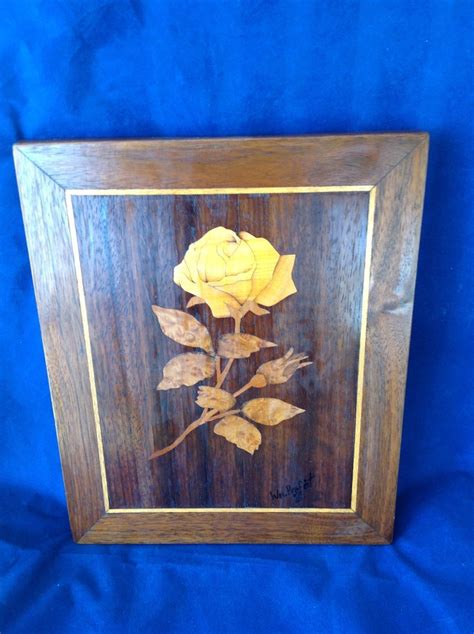 Vintage Signed Marquetry Inlaid Folk Art Rose Picture Wall Art Art