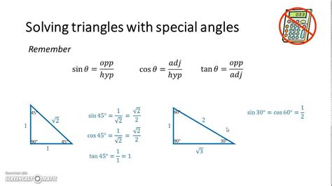 We can use the pythagorean theorem and properties of sines, cosines, and tangents to solve the triangle, that is, to find unknown parts in terms of known 61. Solving triangles with special angles - YouTube