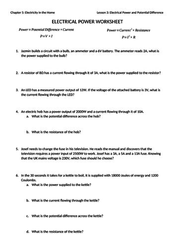 Electrical Power Worksheet With Answers Teaching Resources
