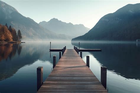 Premium Ai Image Wooden Pier On The Lake With Mountains In The